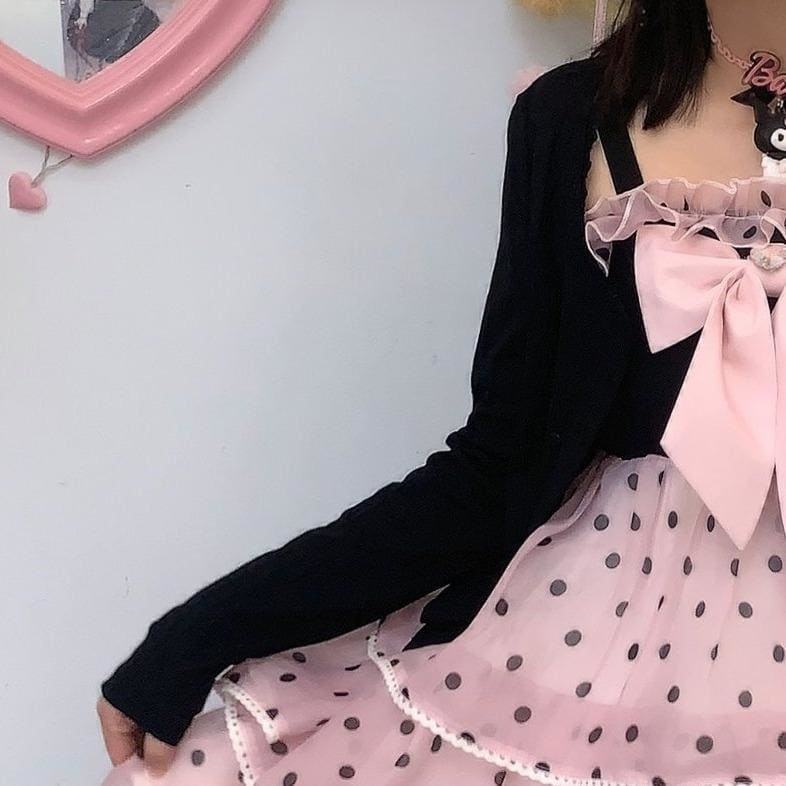 Sweet Cute Polka Dots Lolita Black Pink JSK Halter Dress/Black Cardigan MM1215 - KawaiiMoriStore