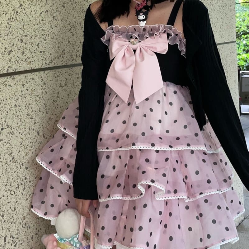 Sweet Cute Polka Dots Lolita Black Pink JSK Halter KawaiiMoriStore Sweet Cute Polka Dots Lolita Black Pink JSK Halter KawaiiMoriStore