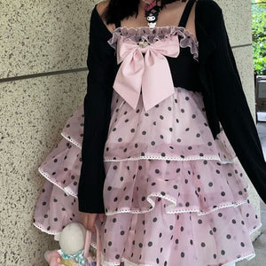Sweet Cute Polka Dots Lolita Black Pink JSK Halter Dress/Black Cardigan MM1215 - KawaiiMoriStore