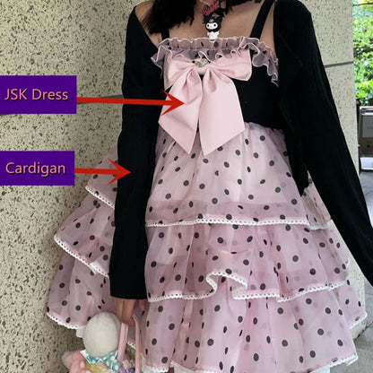 Sweet Cute Polka Dots Lolita Black Pink JSK Halter Dress/Black Cardigan MM1215 - KawaiiMoriStore