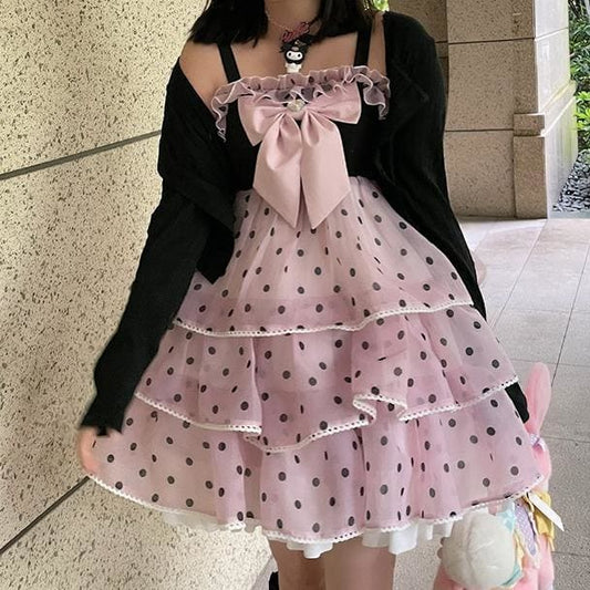 Sweet Cute Polka Dots Lolita Black Pink JSK Halter Dress/Black Cardigan MM1215 - KawaiiMoriStore