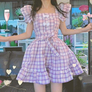 Sweet Cute Purple Plaid Puff Sleeve Dress MM1820 - Dress