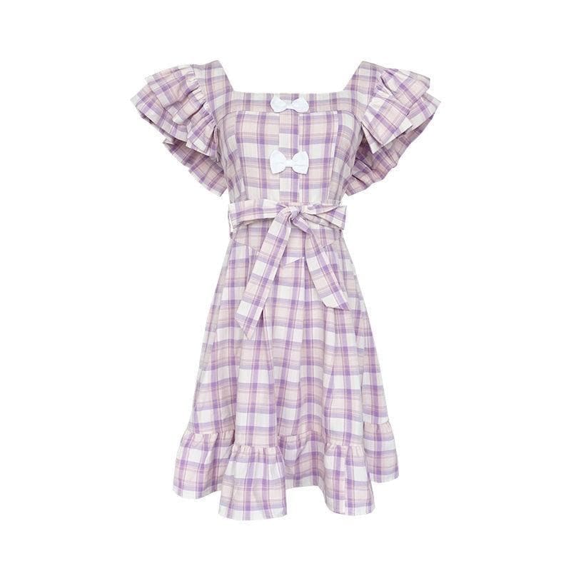 Sweet Cute Purple Plaid Puff Sleeve Dress MM1820 - Dress