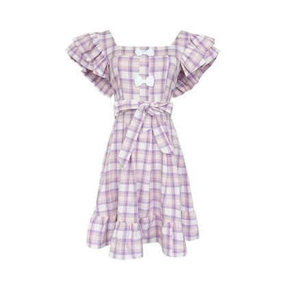 Sweet Cute Purple Plaid Puff Sleeve Dress MM1820 - Dress