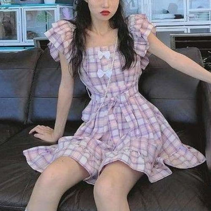 Sweet Cute Purple Plaid Puff Sleeve Dress MM1820 - Dress