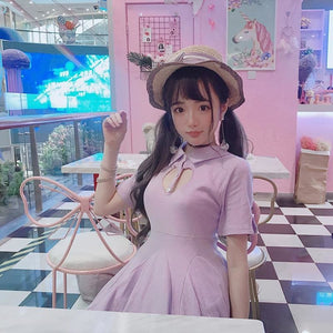 Sweet Cute Short Sleeves Heart Hollow Girl Movement Petal Dress MM0940 - KawaiiMoriStore