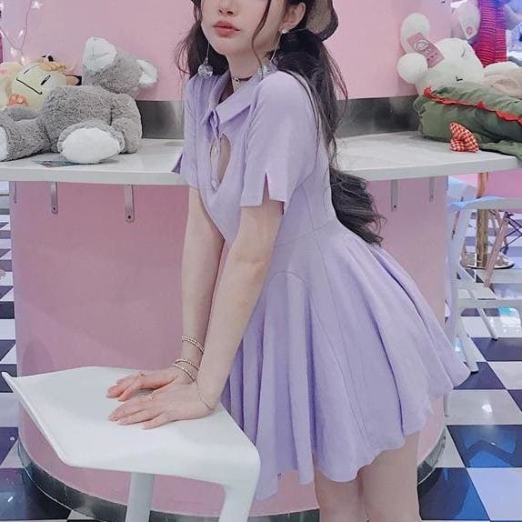 Sweet Cute Short Sleeves Heart Hollow Girl Movement Petal Dress MM0940 - KawaiiMoriStore