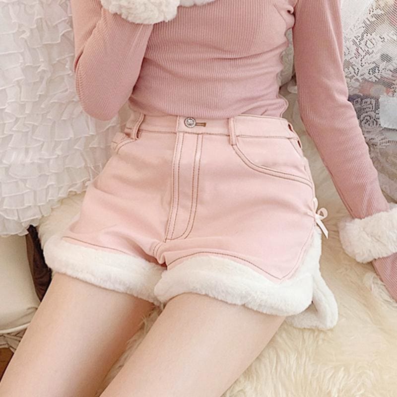 Sweet Cute Slit Bow Plush Button Shorts MK15701 - KawaiiMoriStore