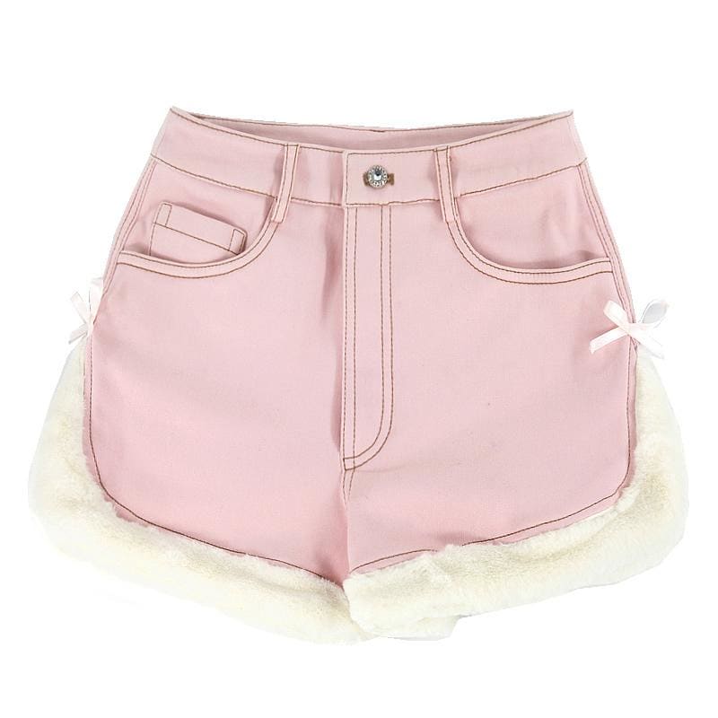 Sweet Cute Slit Bow Plush Button Shorts MK15701 - KawaiiMoriStore