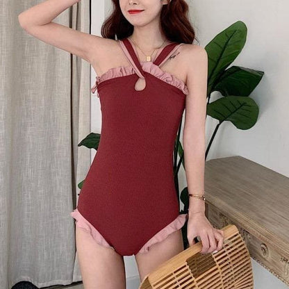 Sweet Cute Wine Red/Black Flouncy Swimsuit MM1239 - KawaiiMoriStore