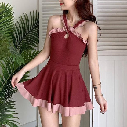 Sweet Cute Wine Red/Black Flouncy Swimsuit MM1239 - KawaiiMoriStore