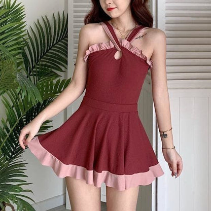 Sweet Cute Wine Red/Black Flouncy Swimsuit MM1239 - KawaiiMoriStore