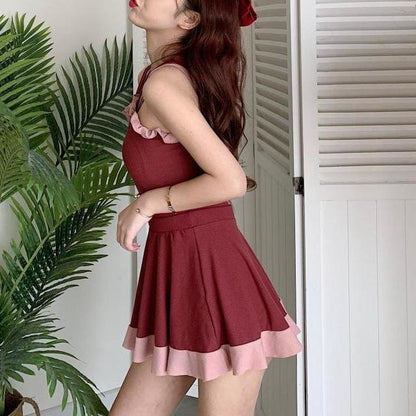 Sweet Cute Wine Red/Black Flouncy Swimsuit MM1239 - KawaiiMoriStore