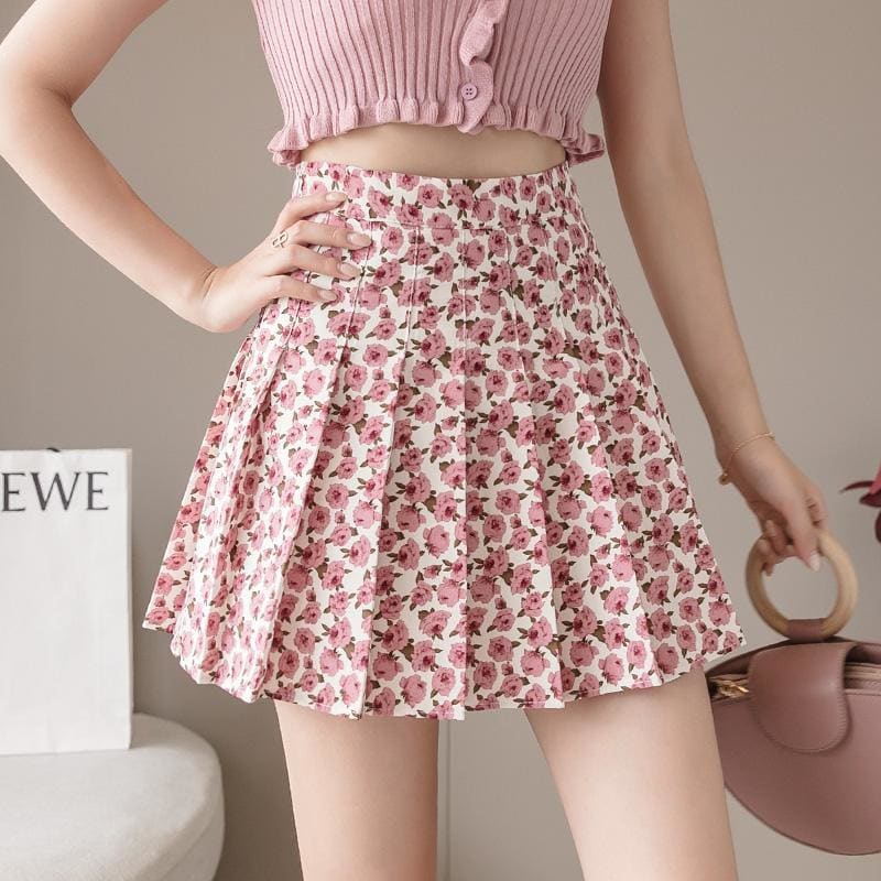 Sweet Floral A-line Pleated Skirt MK15096 - KawaiiMoriStore