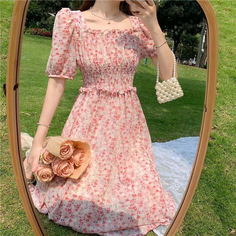 Sweet Floral Chiffon Mid-length Dress