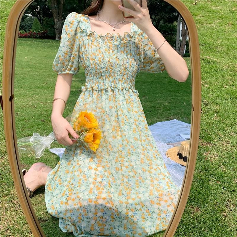 Sweet Floral Chiffon Mid-length Dress