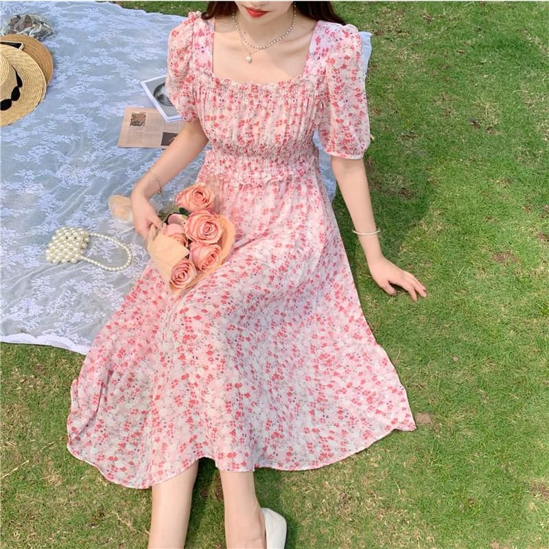 Sweet Floral Chiffon Mid-length Dress