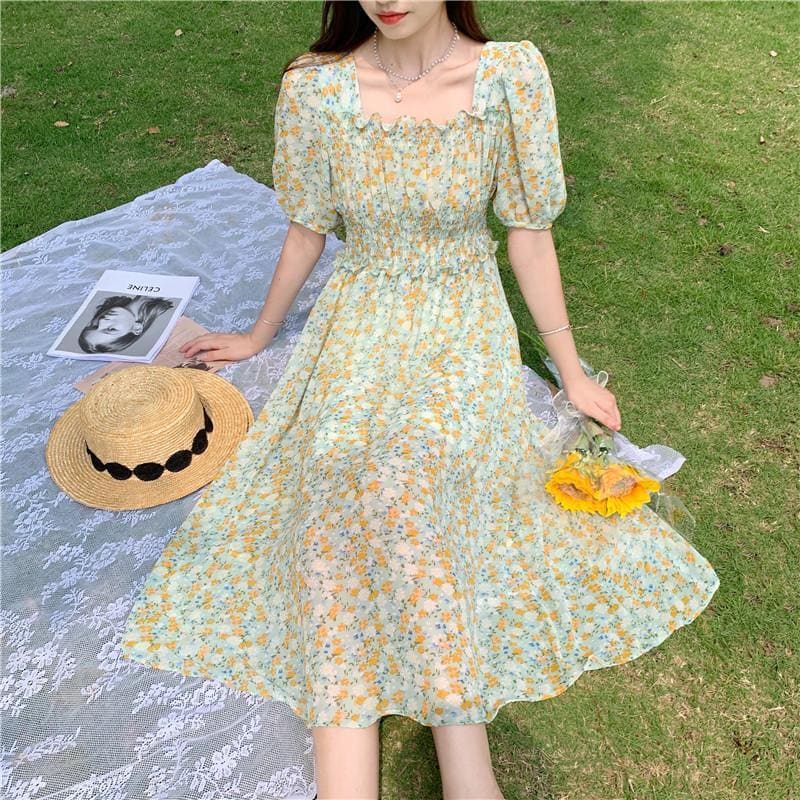 Sweet Floral Chiffon Mid-length Dress