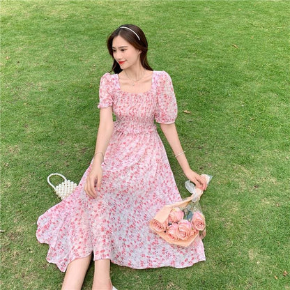 Sweet Floral Chiffon Mid-length Dress