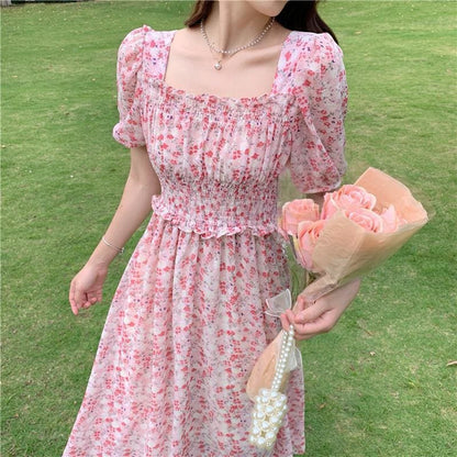 Sweet Floral Chiffon Mid-length Dress