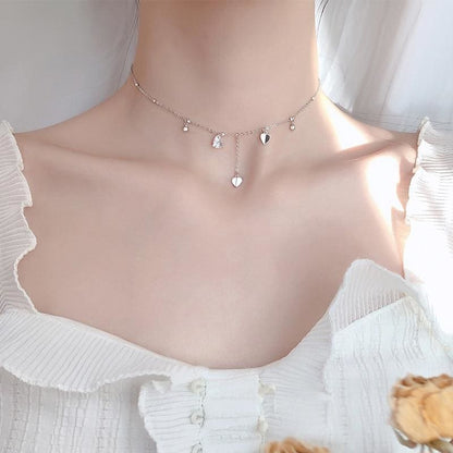 Sweet Girl Silver Plated Heart-Shaped Tassel Necklace MK15632 - KawaiiMoriStore