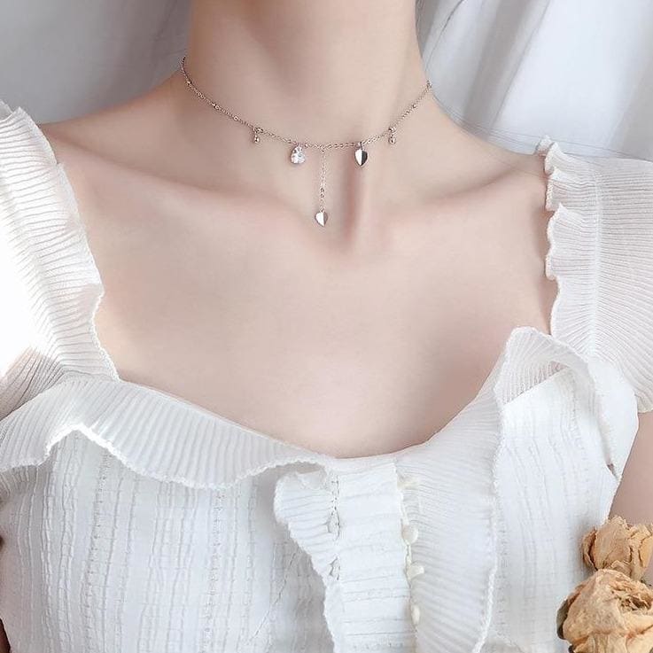Sweet Girl Silver Plated Heart-Shaped Tassel Necklace MK15632 - KawaiiMoriStore