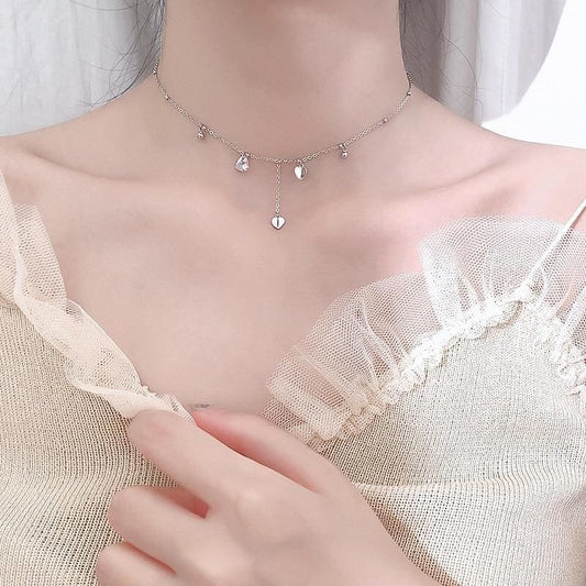 Sweet Girl Silver Plated Heart-Shaped Tassel Necklace MK15632 - KawaiiMoriStore