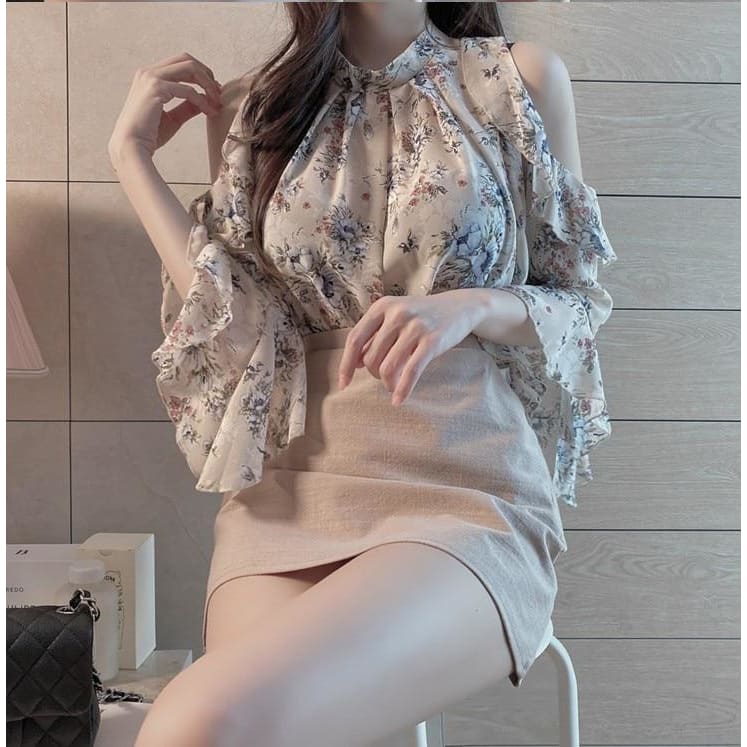 Sweet Girls Date Wear Chic Floral Chiffon Ruffled Off Shouler Blouse MK15655 - KawaiiMoriStore