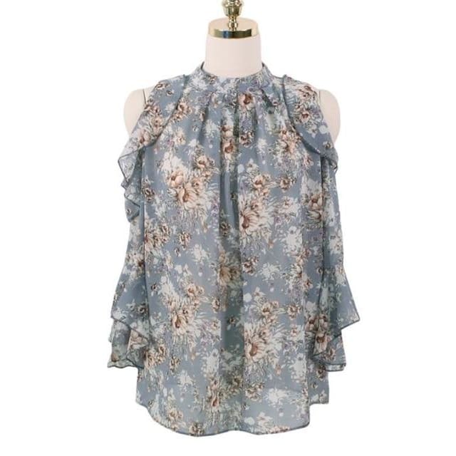 Sweet Girls Date Wear Chic Floral Chiffon Ruffled Off Shouler Blouse MK15655 - KawaiiMoriStore