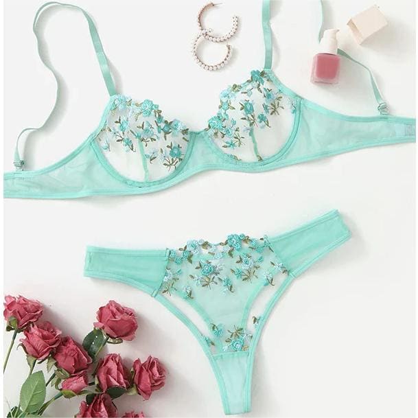 Sweet Green Cute Floral Lingerie - Green / S - lingerie