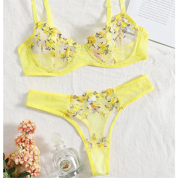 Sweet Green Cute Floral Lingerie - Yellow / S - lingerie