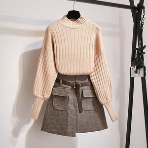 Sweet Knitted Puff Sleeve Sweater With Mini-Skirt MK16553 - 