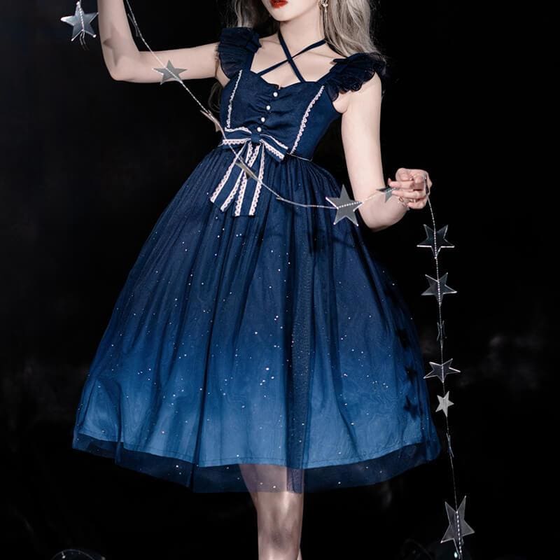 Sweet Lolita Bow Starry Blue Dress MK16000 - KawaiiMoriStore