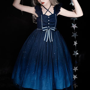 Sweet Lolita Bow Starry Blue Dress MK16000 - KawaiiMoriStore