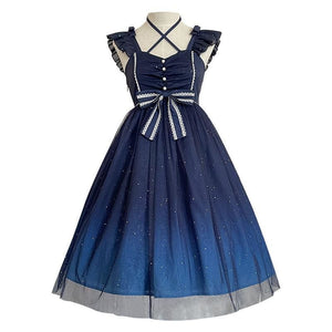 Sweet Lolita Bow Starry Blue Dress MK16000 - KawaiiMoriStore