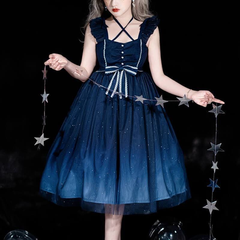 Sweet Lolita Bow Starry Blue Dress MK16000 - KawaiiMoriStore