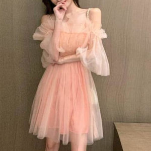 Sweet Mesh Off-Shoulder High Waist Sleeveless DressMK15829 - KawaiiMoriStore