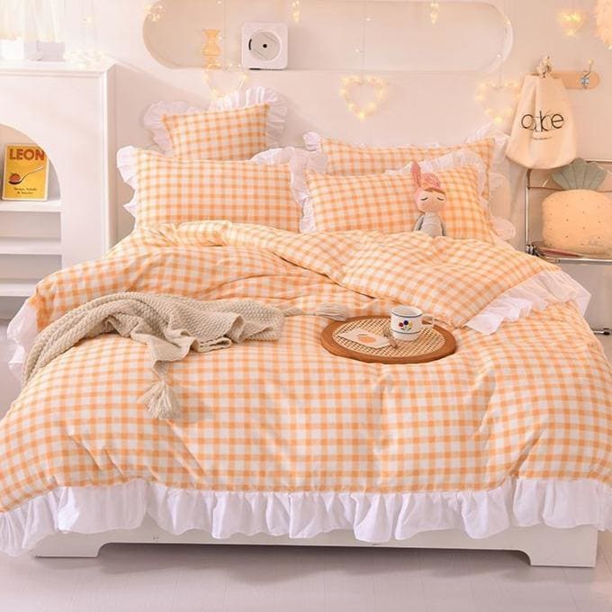 Sweet Orange Plaid Bedding Cute Set MK16669 - Bedding Set