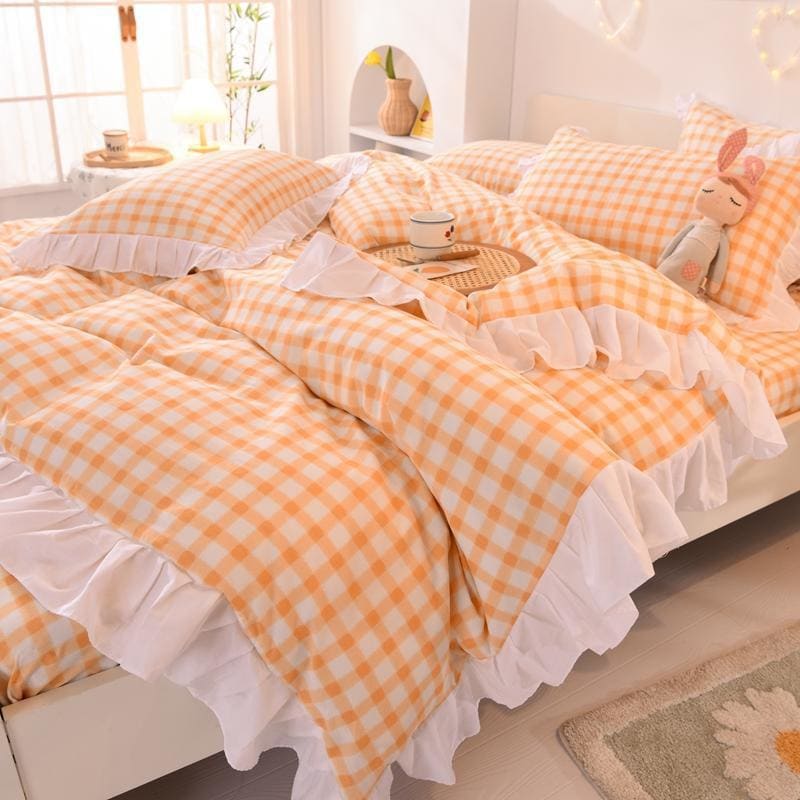 Sweet Orange Plaid Bedding Cute Set MK16669 - Bedding Set