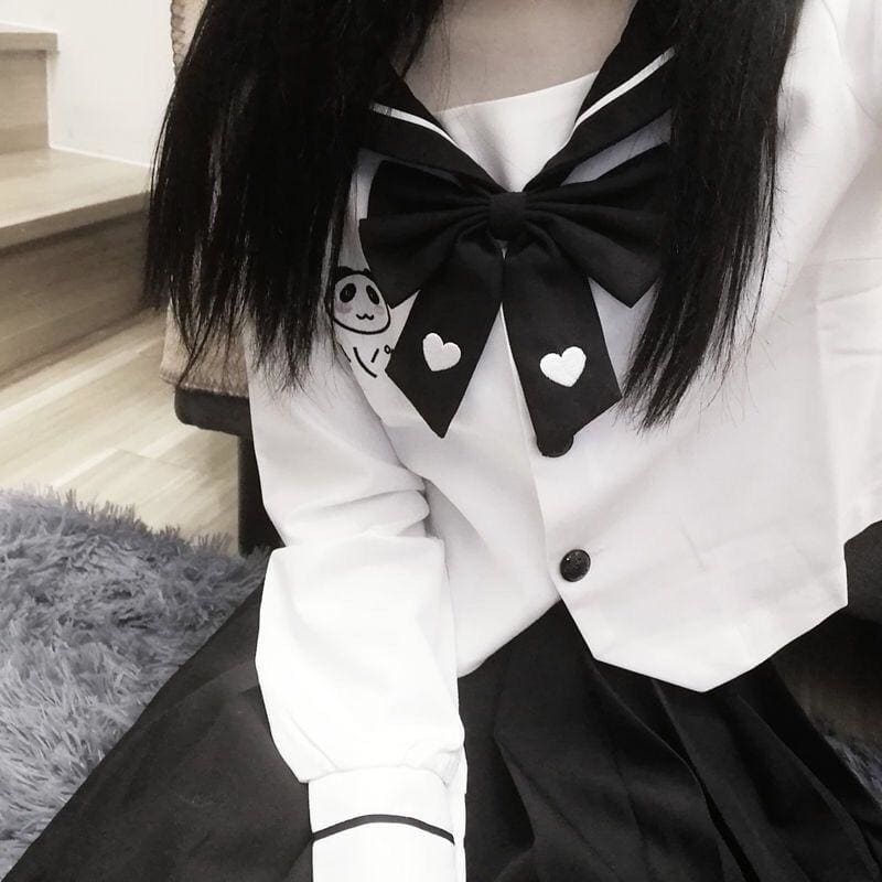Sweet Panda Embroidery Navy Collar JK Uniform Two Piece Set MK15178 - KawaiiMoriStore