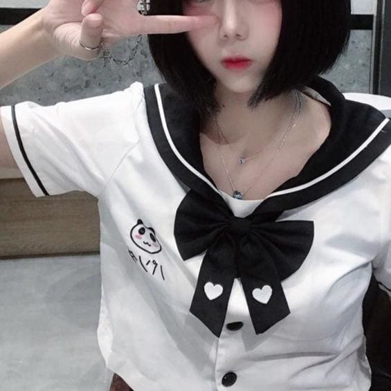 Sweet Panda Embroidery Navy Collar JK Uniform Two Piece Set MK15178 - KawaiiMoriStore