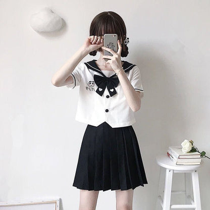 Sweet Panda Embroidery Navy Collar JK Uniform Two Piece Set MK15178 - KawaiiMoriStore