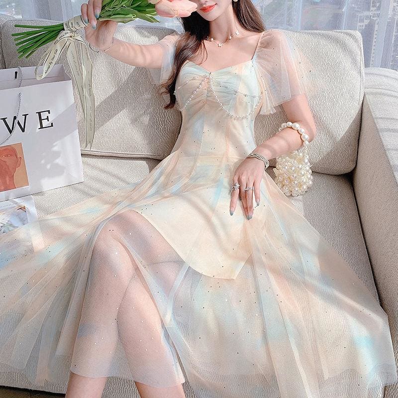 Sweet Pearls Blue Creamy Elegant Princess Sparkle Dress MM1606 - KawaiiMoriStore