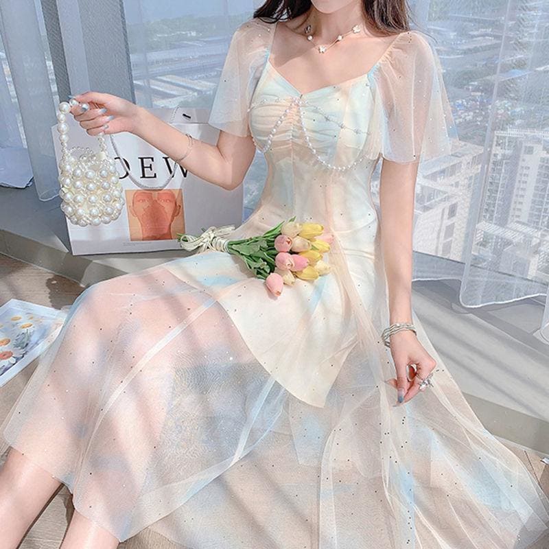 Sweet Pearls Blue Creamy Elegant Princess Sparkle Dress MM1606 - KawaiiMoriStore