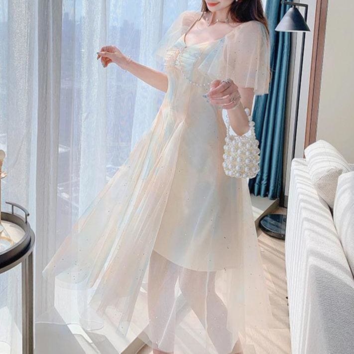 Sweet Pearls Blue Creamy Elegant Princess Sparkle Dress MM1606 - KawaiiMoriStore