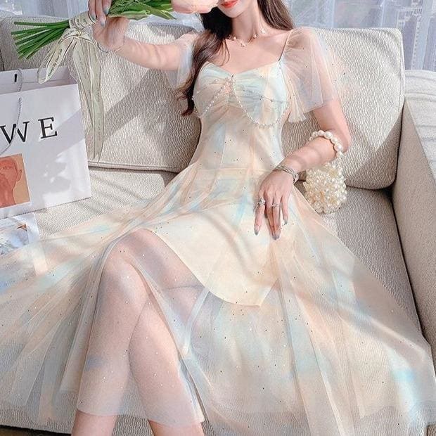 Sweet Pearls Blue Creamy Elegant Princess Sparkle Dress MM1606 - KawaiiMoriStore