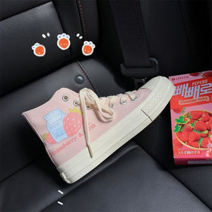 Sweet Pink Milk Strawberry Patterned High-top Canvas Shoes MK15316 - KawaiiMoriStore