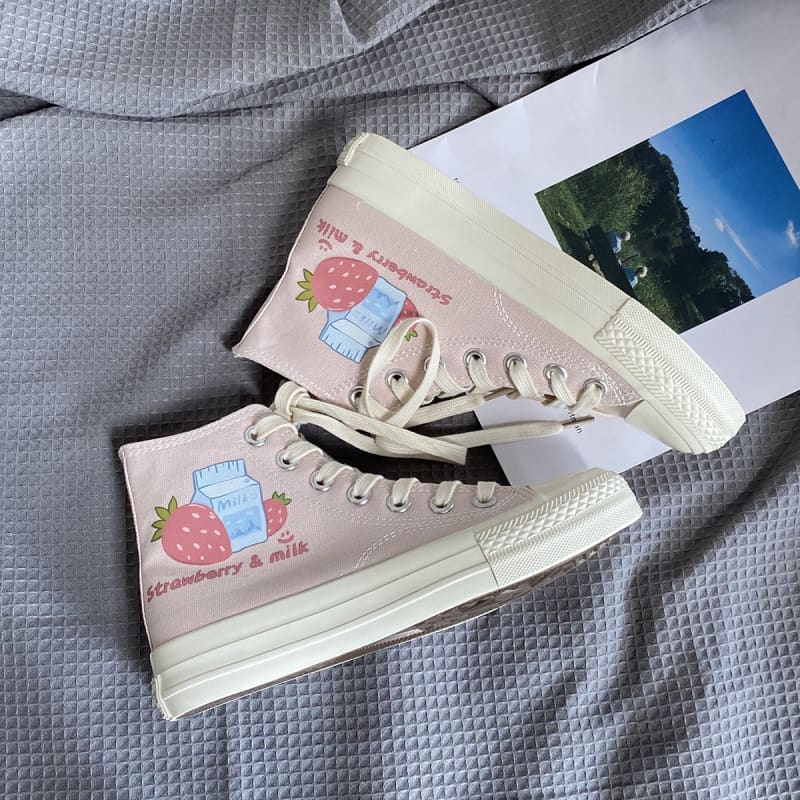 Sweet Pink Milk Strawberry Patterned High-top Canvas Shoes MK15316 - KawaiiMoriStore