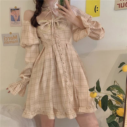 Sweet Plaid Bubble Sleeve Bowknot Strapless Dress MK15702 - KawaiiMoriStore