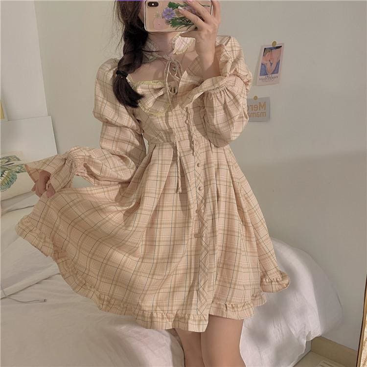Sweet Plaid Bubble Sleeve Bowknot Strapless Dress MK15702 - KawaiiMoriStore